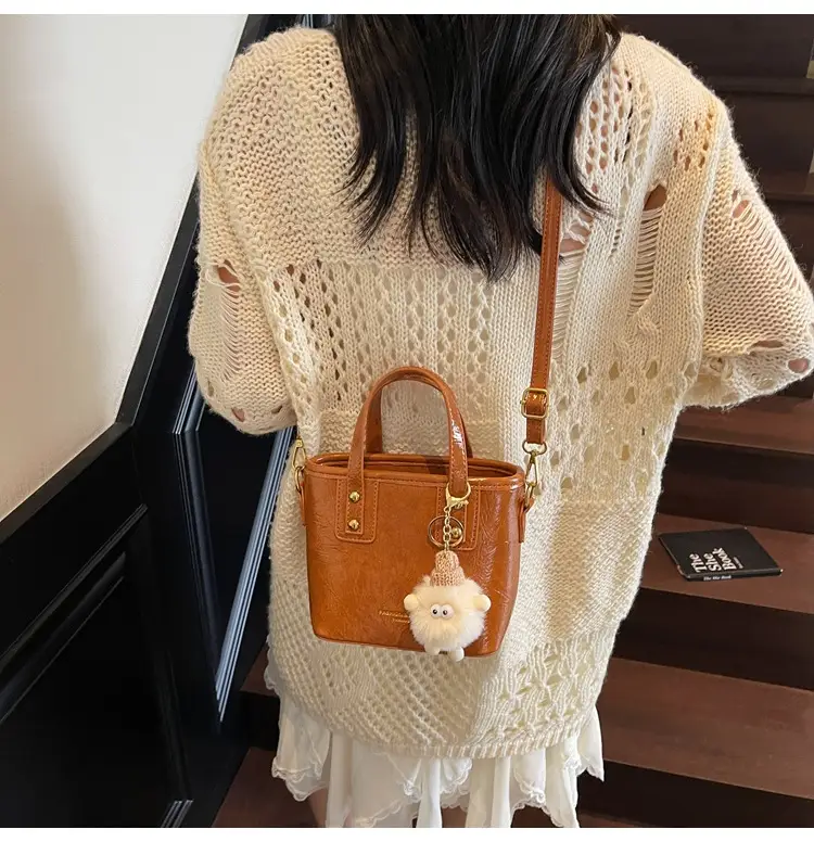 Women Retro Brown Leather Bucket Bag with Bear Charm — feature 19