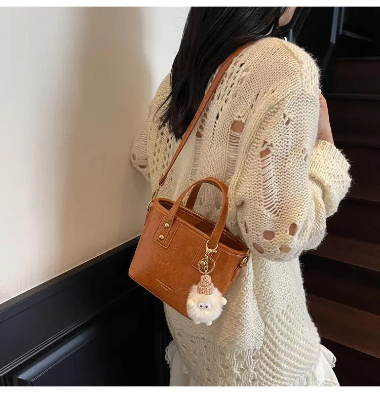 Women Retro Brown Leather Bucket Bag with Bear Charm — feature 20
