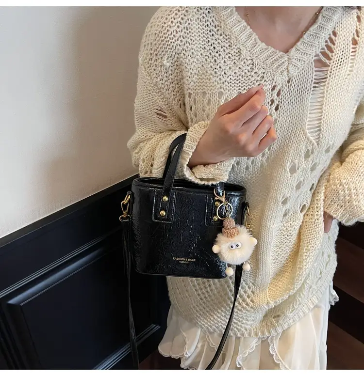 Women Retro Brown Leather Bucket Bag with Bear Charm — feature 21