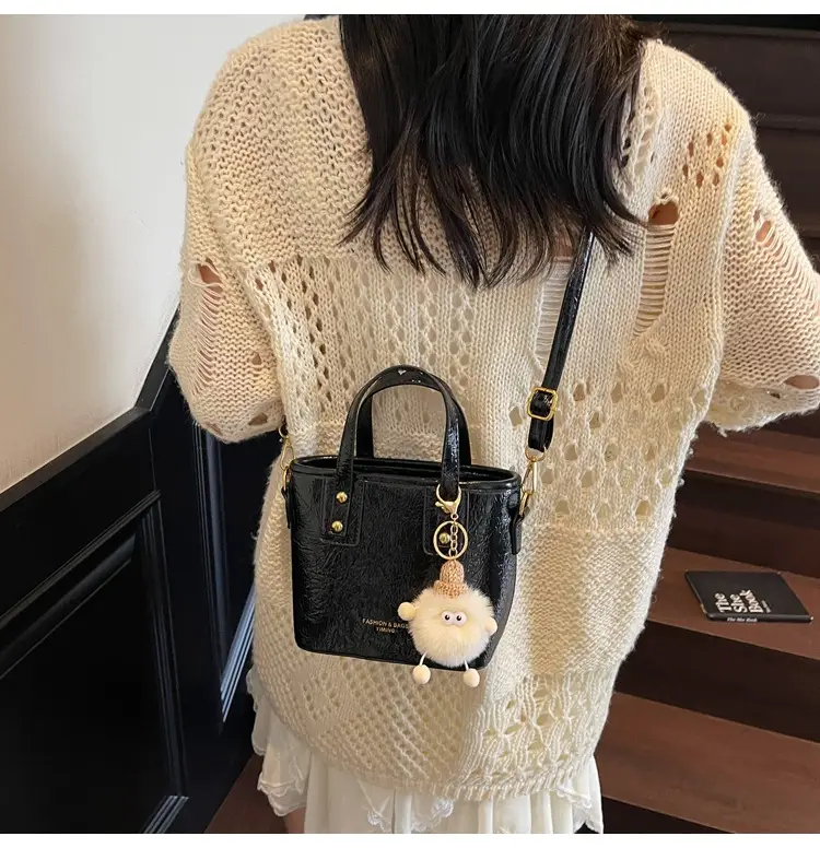 Women Retro Brown Leather Bucket Bag with Bear Charm — feature 22