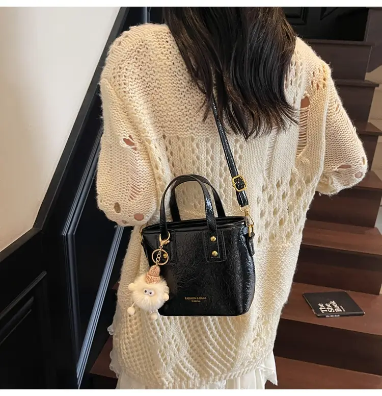 Women Retro Brown Leather Bucket Bag with Bear Charm — feature 23