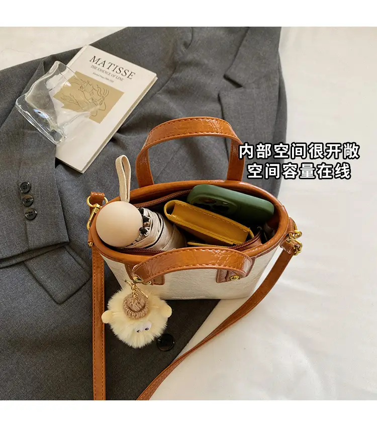 Women Retro Brown Leather Bucket Bag with Bear Charm — feature 7