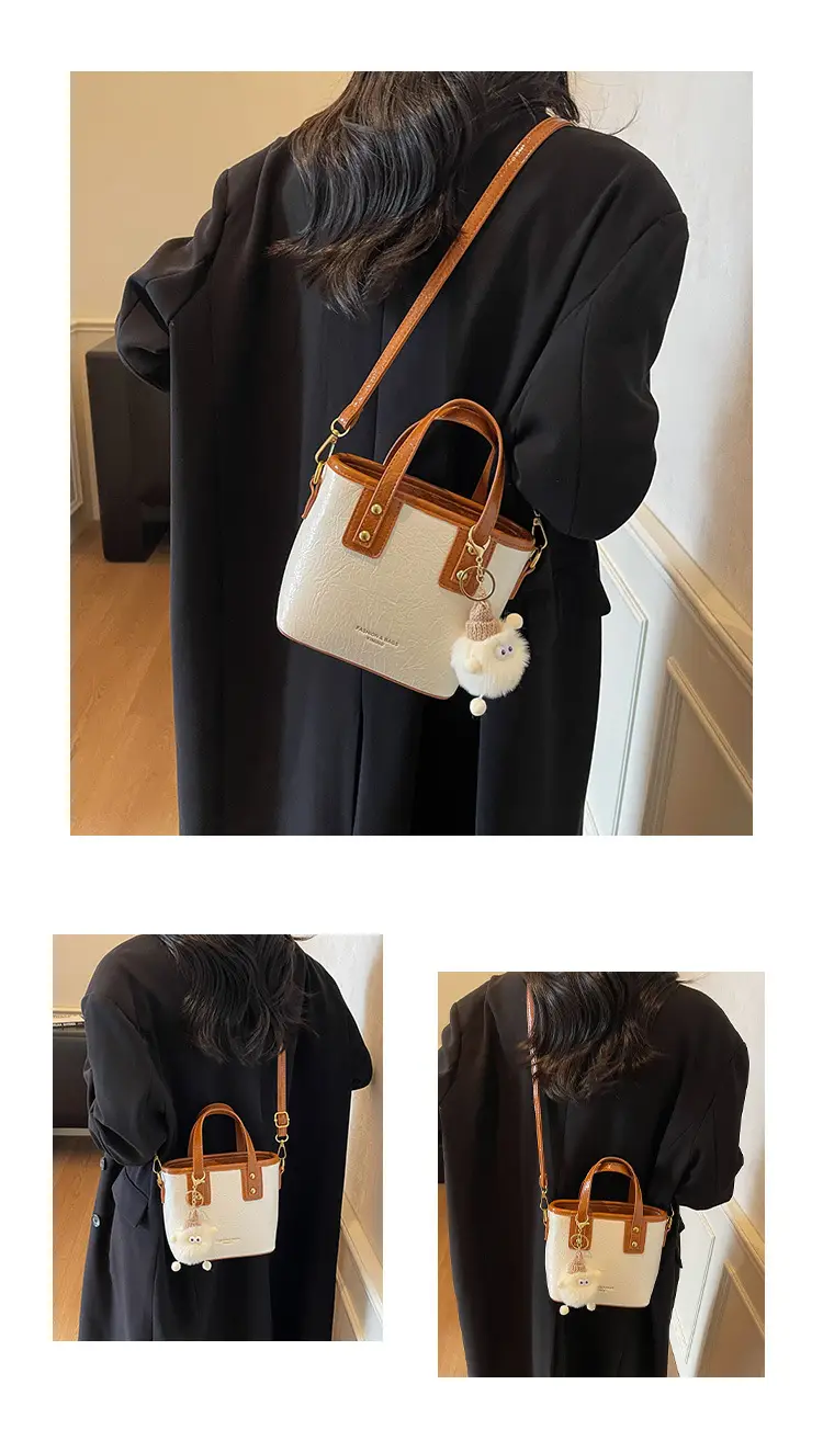 Women Retro Brown Leather Bucket Bag with Bear Charm — feature 9
