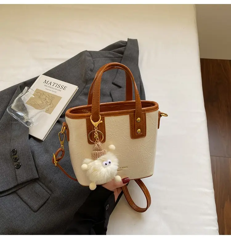 Women Retro Brown Leather Bucket Bag with Bear Charm - Image 2