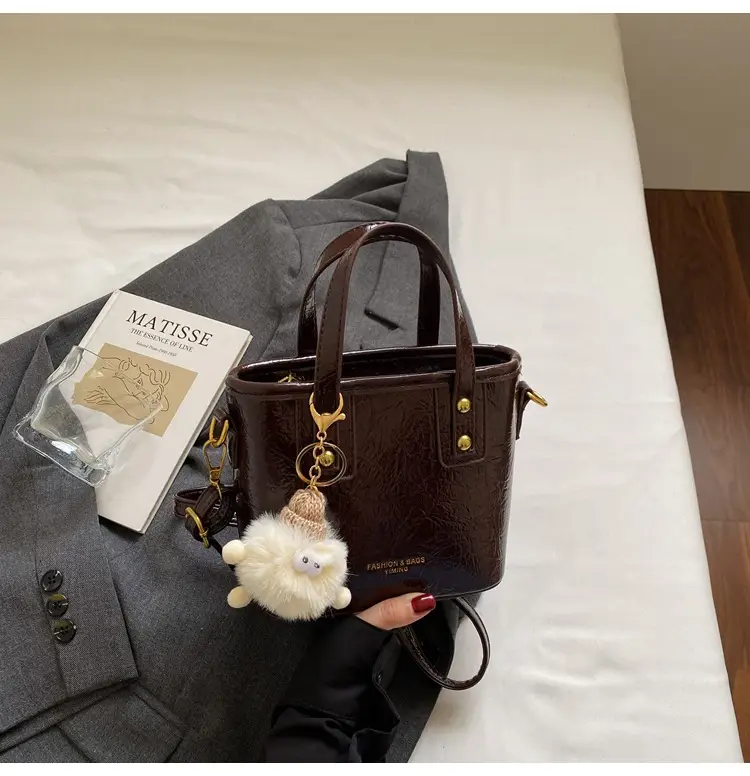 Women Retro Brown Leather Bucket Bag with Bear Charm - Image 4