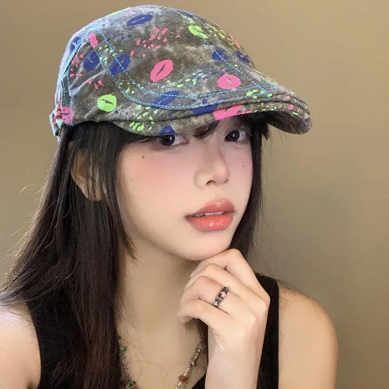 Summer Denim Graphic Cap Forward College Student Style - Image 6