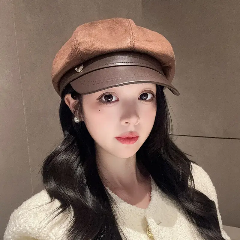 Vintage PU Leather Patchwork Octagonal Hat for Women - Image 6