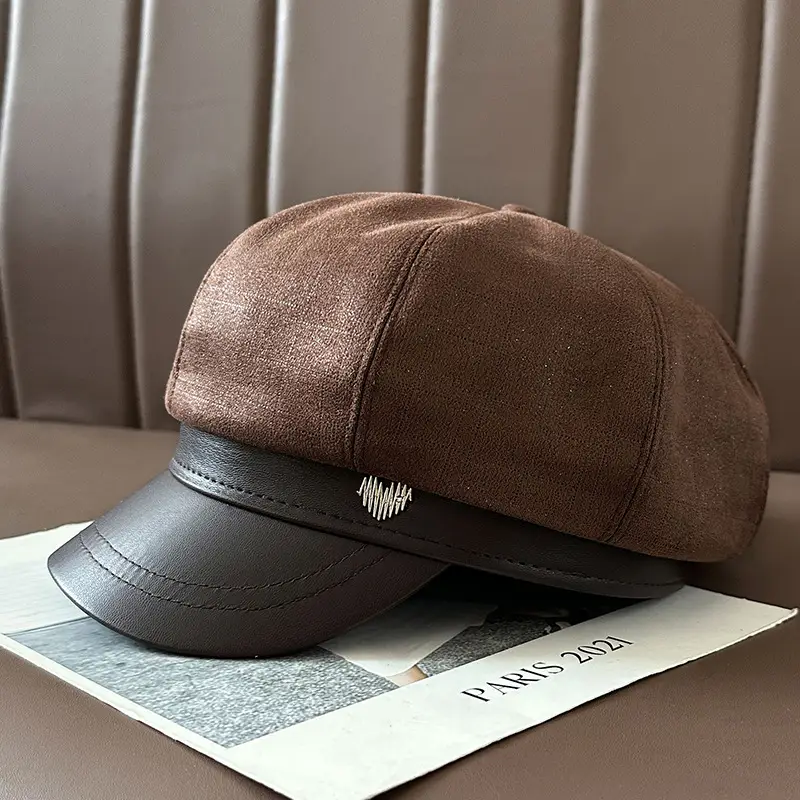 Vintage PU Leather Patchwork Octagonal Hat for Women - Image 7