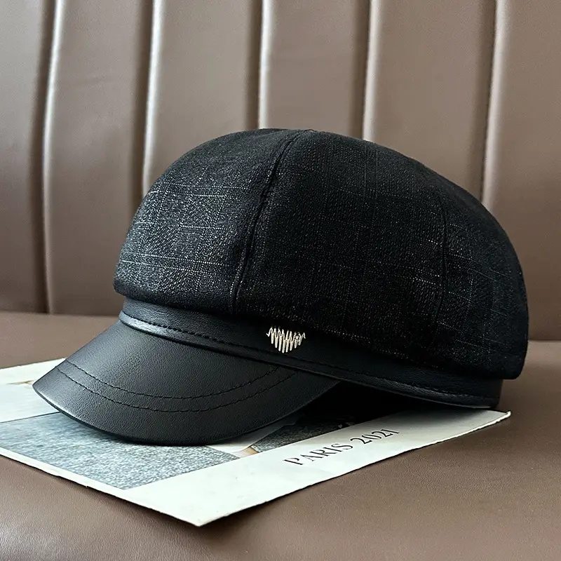 Vintage PU Leather Patchwork Octagonal Hat for Women - Image 8