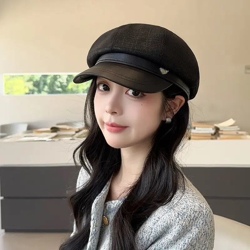 Vintage PU Leather Patchwork Octagonal Hat for Women - Image 9