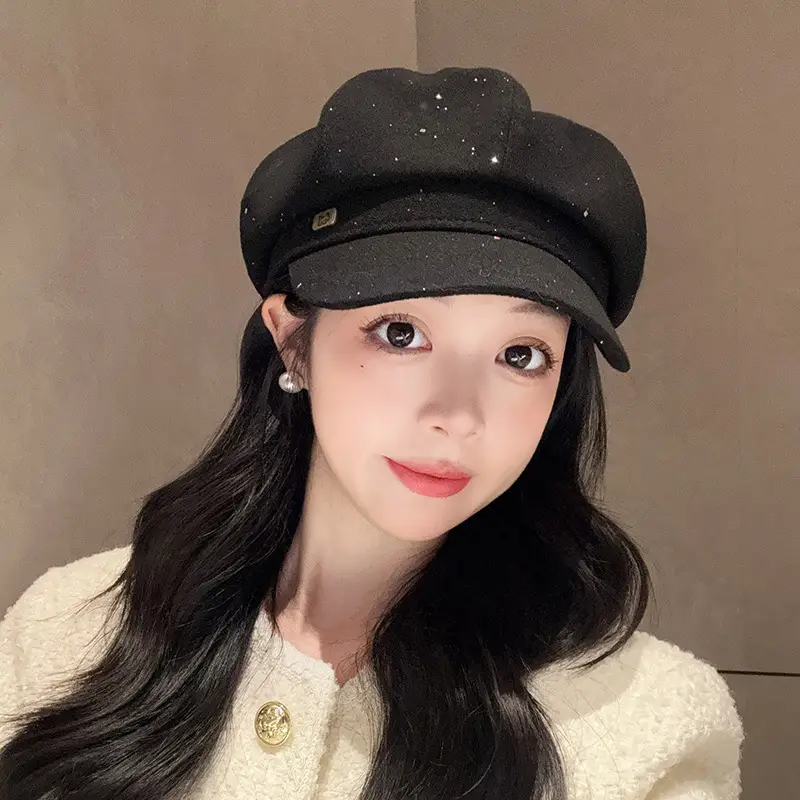 Vintage PU Leather Patchwork Octagonal Hat for Women — feature 1