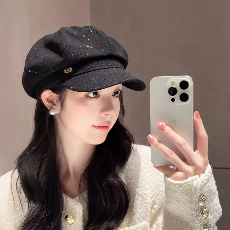 Vintage PU Leather Patchwork Octagonal Hat for Women — feature 10
