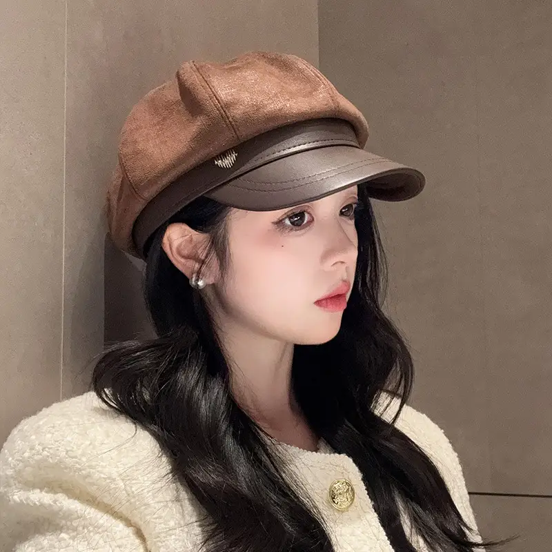 Vintage PU Leather Patchwork Octagonal Hat for Women — feature 18