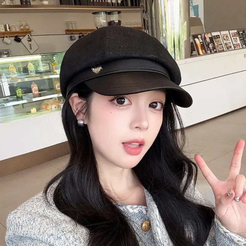 Vintage PU Leather Patchwork Octagonal Hat for Women — feature 20