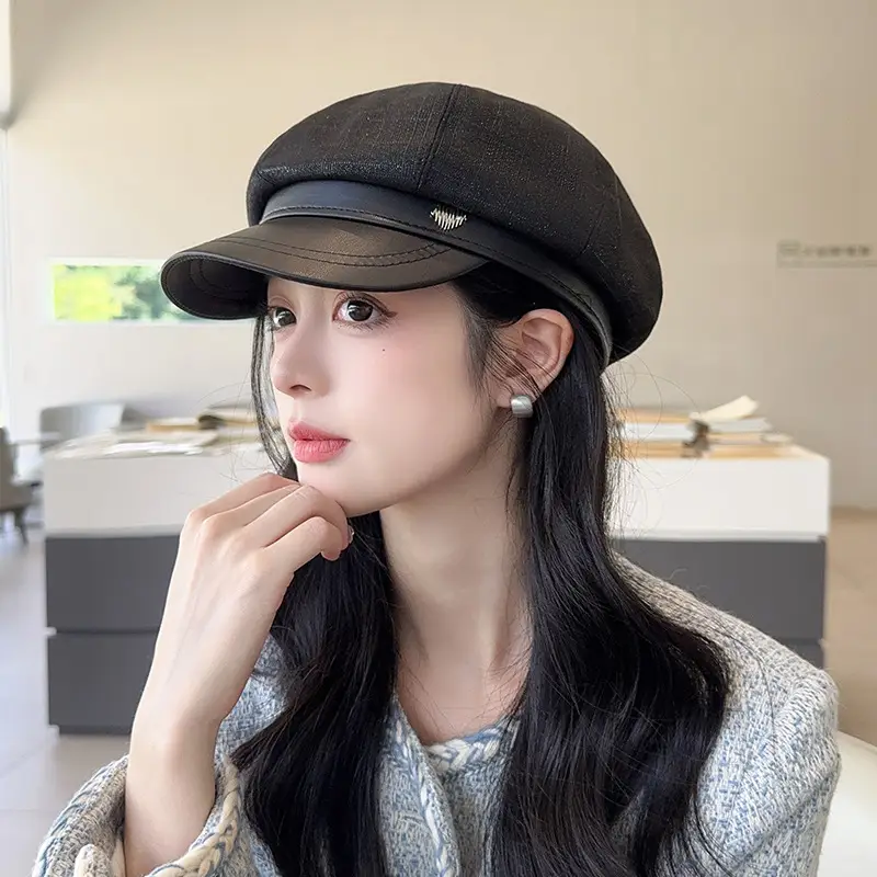 Vintage PU Leather Patchwork Octagonal Hat for Women — feature 21