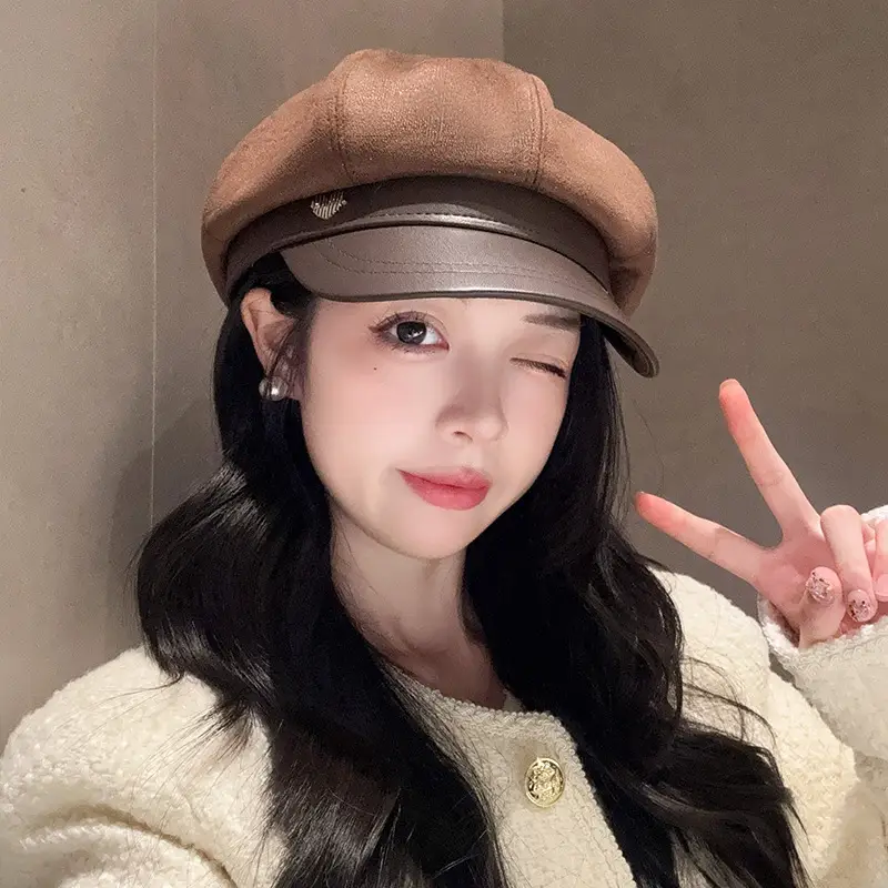 Vintage PU Leather Patchwork Octagonal Hat for Women — feature 23