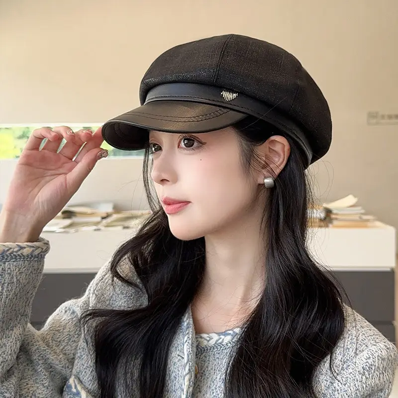 Vintage PU Leather Patchwork Octagonal Hat for Women — feature 24