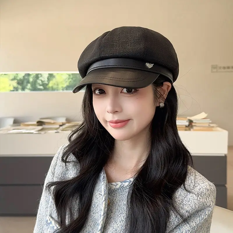 Vintage PU Leather Patchwork Octagonal Hat for Women — feature 26