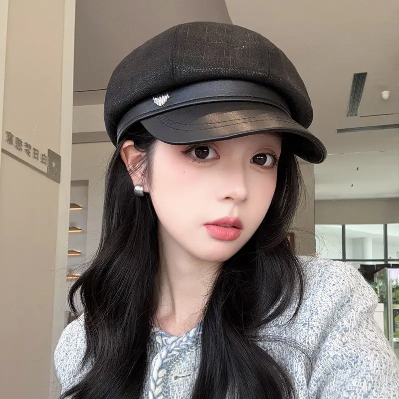 Vintage PU Leather Patchwork Octagonal Hat for Women — feature 27