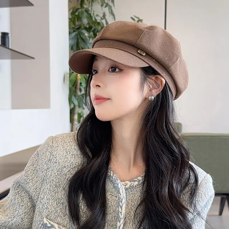 Vintage PU Leather Patchwork Octagonal Hat for Women — feature 3