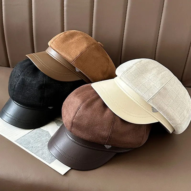 Vintage PU Leather Patchwork Octagonal Hat for Women — feature 30