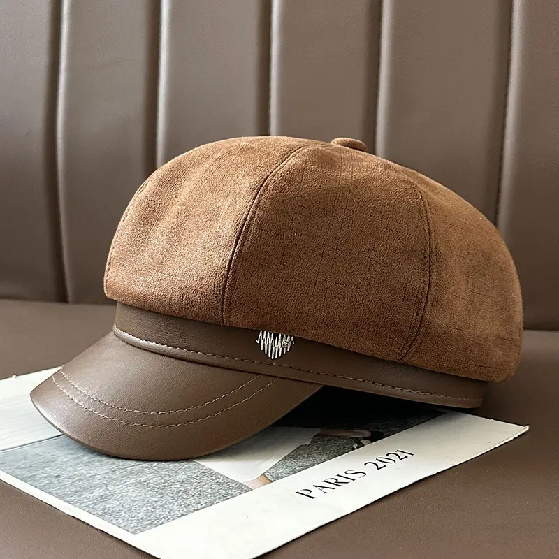 Vintage PU Leather Patchwork Octagonal Hat for Women — feature 31