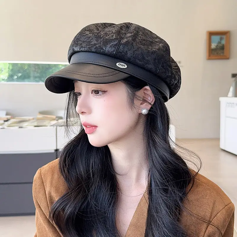 Vintage PU Leather Patchwork Octagonal Hat for Women — feature 35