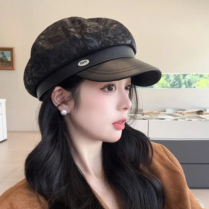 Vintage PU Leather Patchwork Octagonal Hat for Women — feature 36