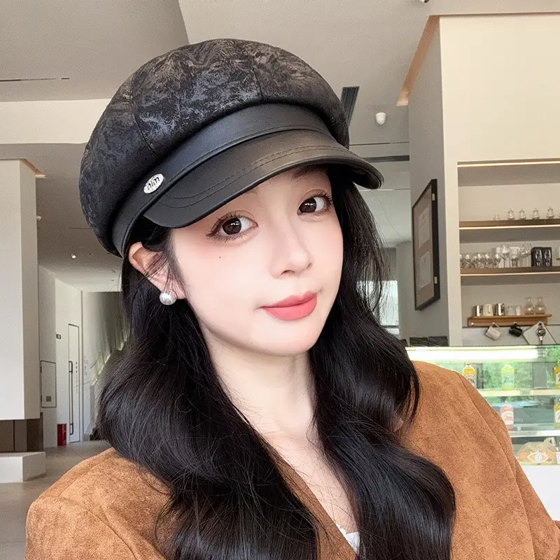 Vintage PU Leather Patchwork Octagonal Hat for Women — feature 37