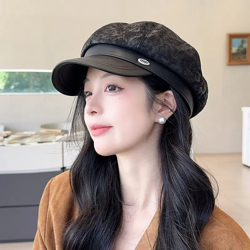 Vintage PU Leather Patchwork Octagonal Hat for Women — feature 38