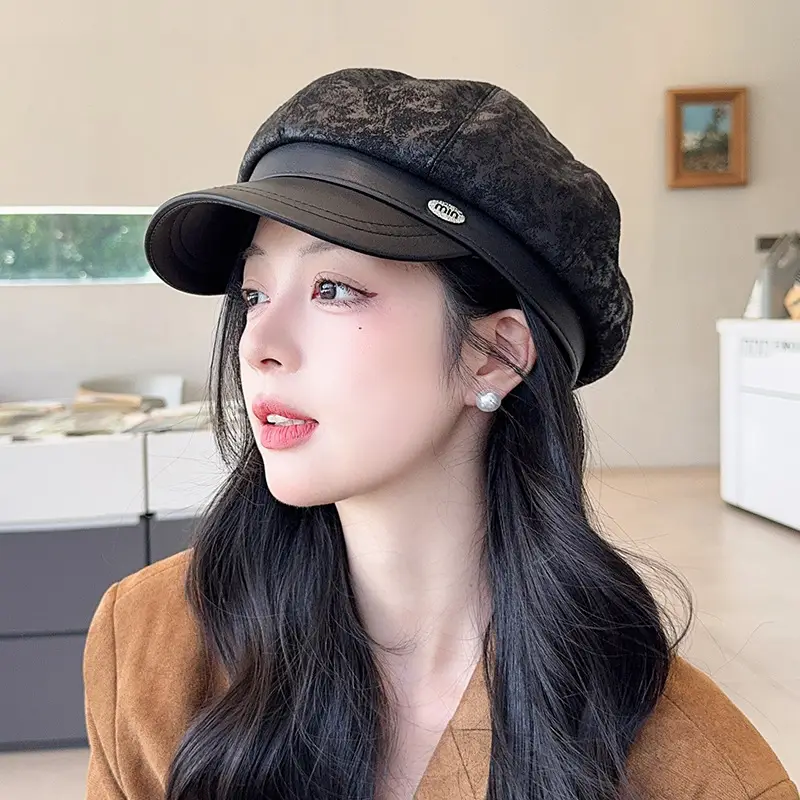 Vintage PU Leather Patchwork Octagonal Hat for Women — feature 39