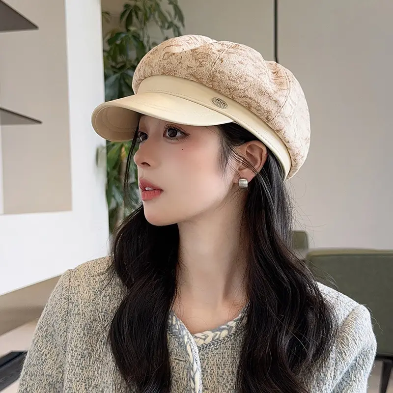 Vintage PU Leather Patchwork Octagonal Hat for Women — feature 40