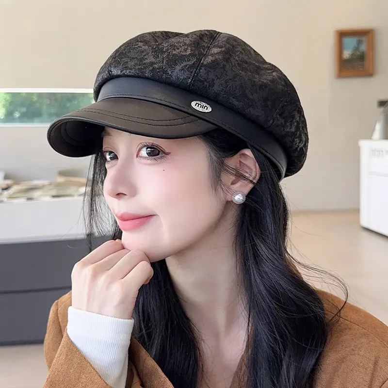 Vintage PU Leather Patchwork Octagonal Hat for Women — feature 42