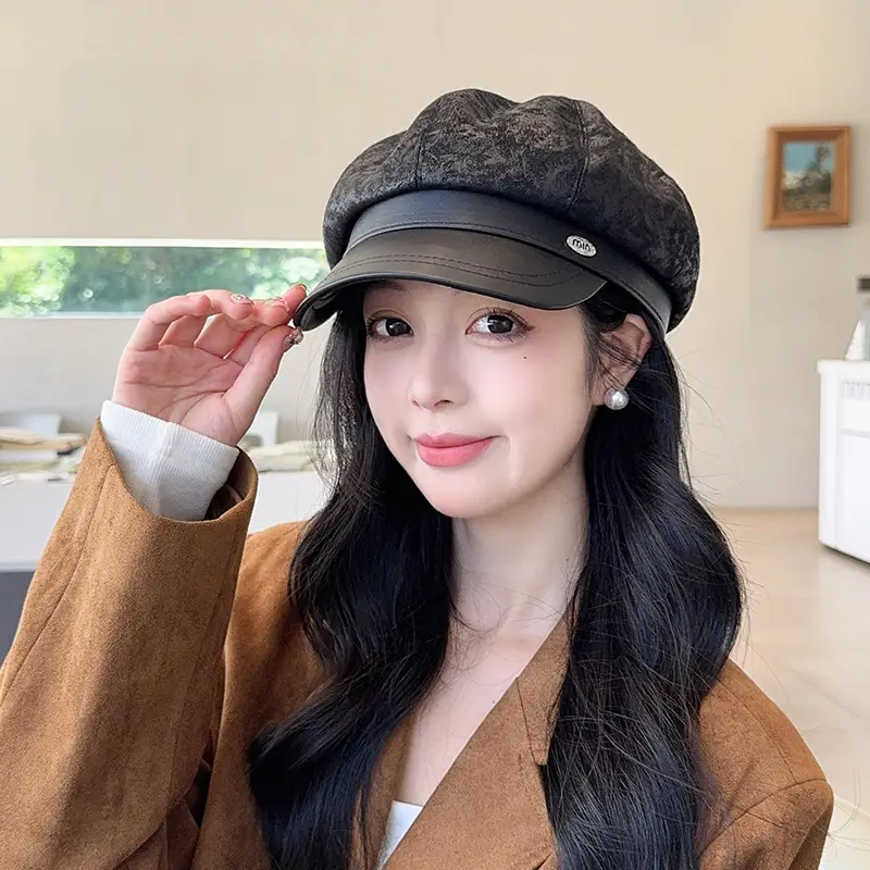 Vintage PU Leather Patchwork Octagonal Hat for Women — feature 43