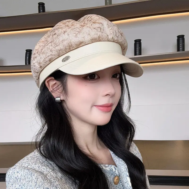 Vintage PU Leather Patchwork Octagonal Hat for Women — feature 44
