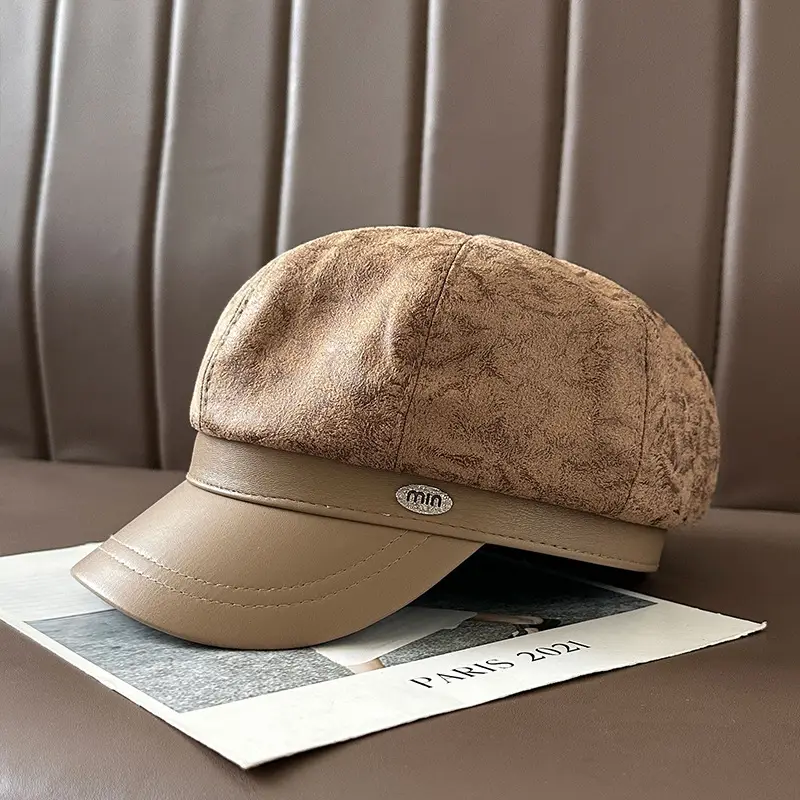 Vintage PU Leather Patchwork Octagonal Hat for Women — feature 46