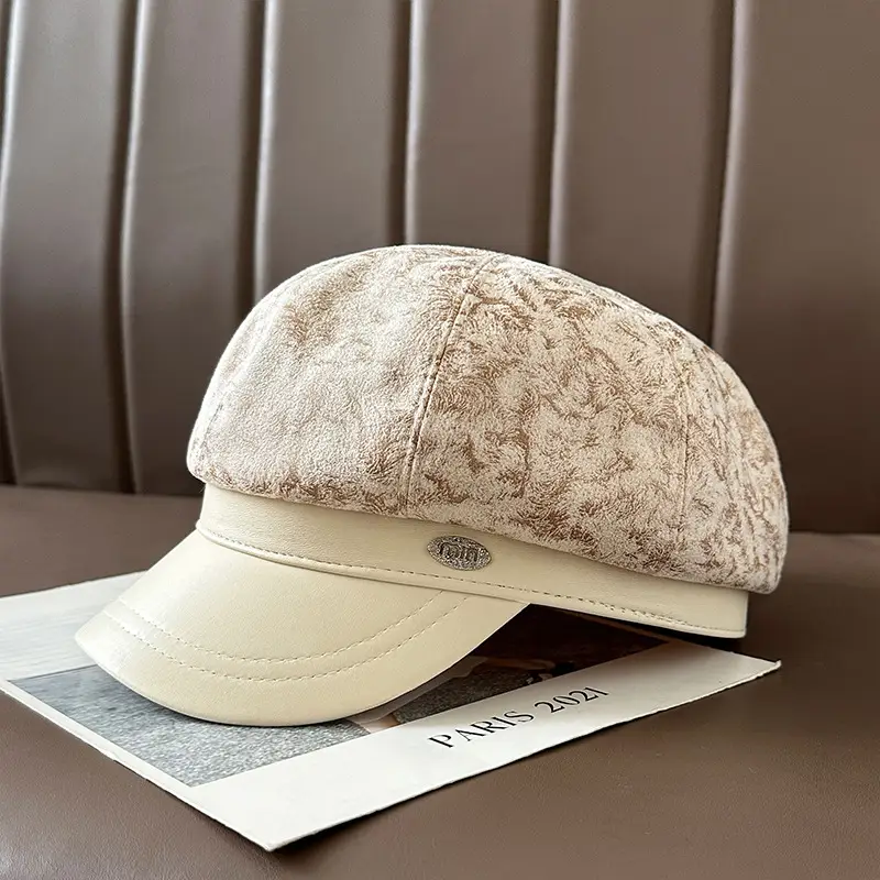 Vintage PU Leather Patchwork Octagonal Hat for Women — feature 47