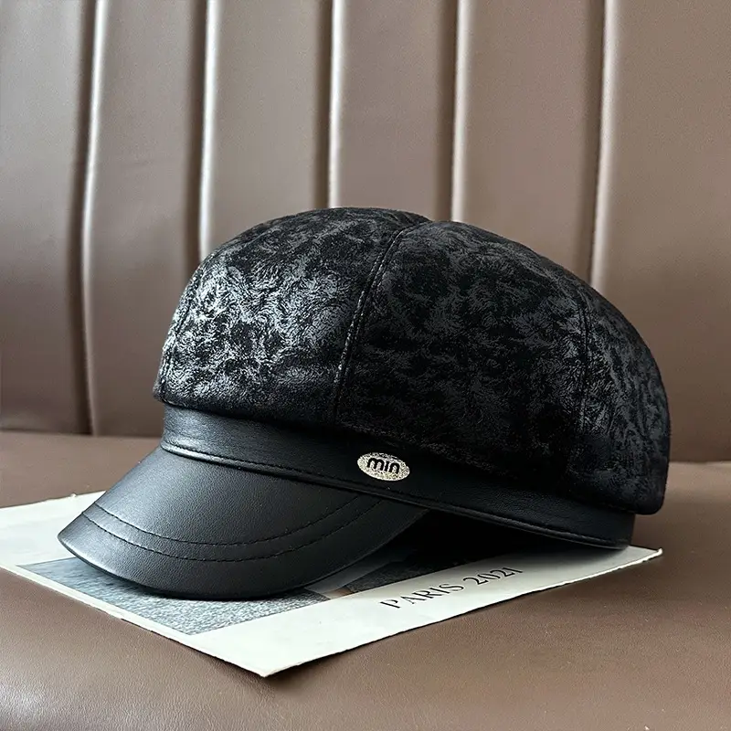 Vintage PU Leather Patchwork Octagonal Hat for Women — feature 48