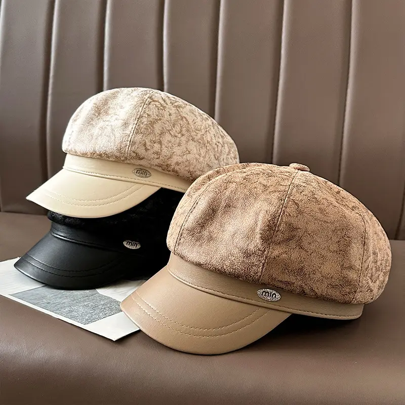 Vintage PU Leather Patchwork Octagonal Hat for Women — feature 49