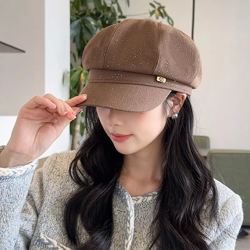 Vintage PU Leather Patchwork Octagonal Hat for Women — feature 8