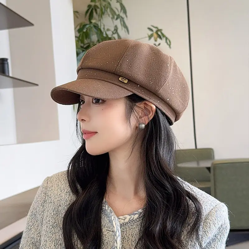 Vintage PU Leather Patchwork Octagonal Hat for Women — feature 9