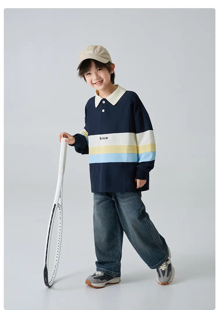 Kids Polo Shirt Blue Striped Korean Style Spring Long Sleeve — feature 10