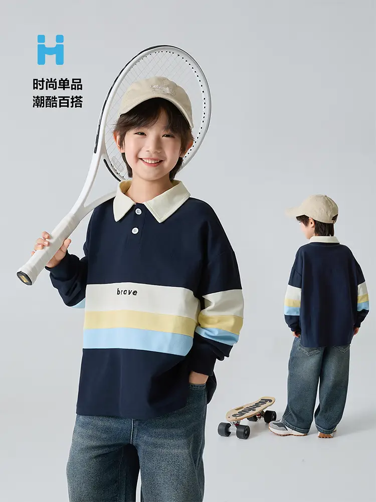 Kids Polo Shirt Blue Striped Korean Style Spring Long Sleeve — feature 7