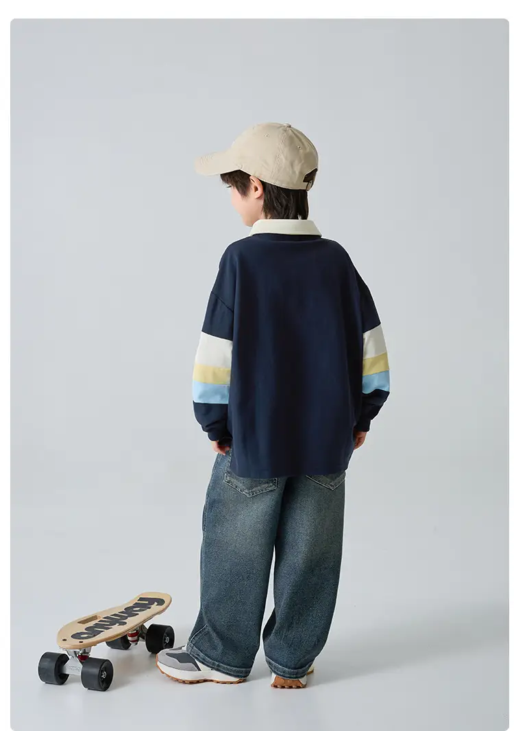 Kids Polo Shirt Blue Striped Korean Style Spring Long Sleeve — feature 9