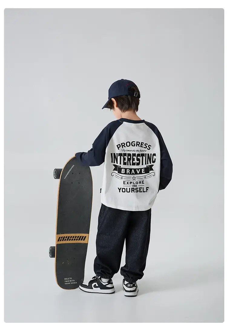 Haima Boys Pure Cotton Letter Print Long Sleeve T-Shirt — feature 12