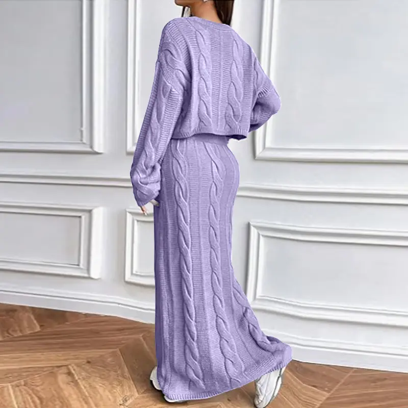 European and American Amazon New Women's 2-Piece Set, Fashionable Twist Rope Long Skirt + Round Neck Sweater Two-Piece Set - Image 4