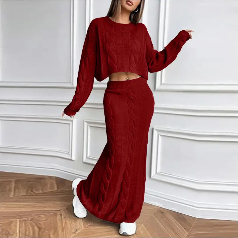 European and American Amazon New Women's 2-Piece Set, Fashionable Twist Rope Long Skirt + Round Neck Sweater Two-Piece Set - Image 5