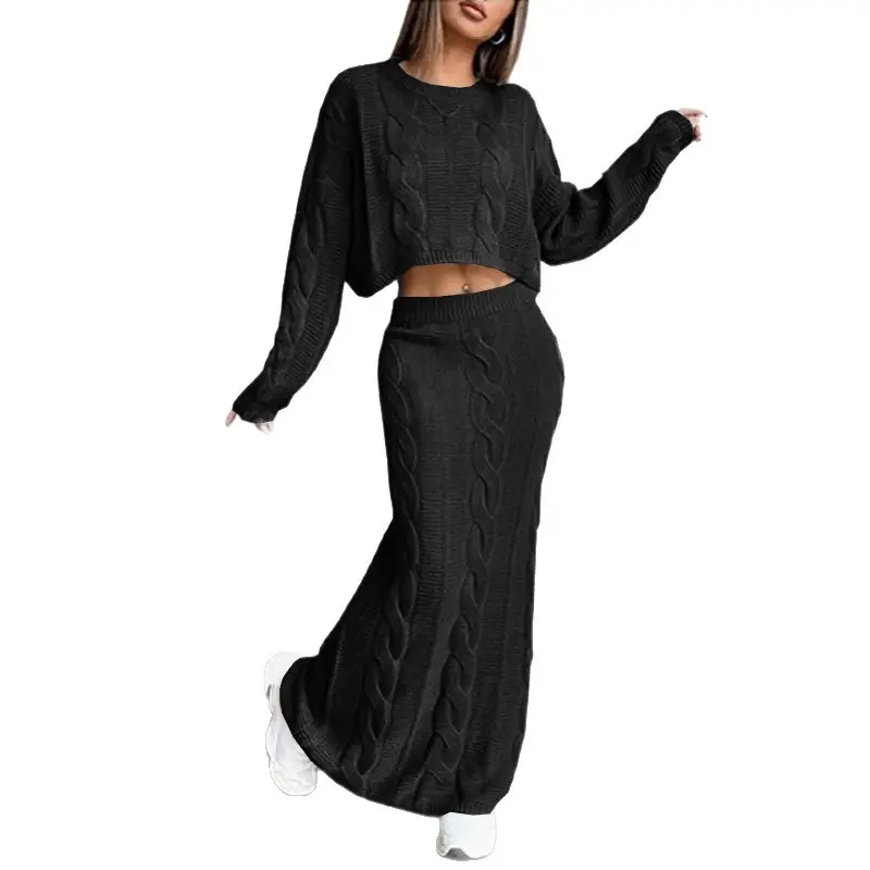 European and American Amazon New Women's 2-Piece Set, Fashionable Twist Rope Long Skirt + Round Neck Sweater Two-Piece Set - Image 6