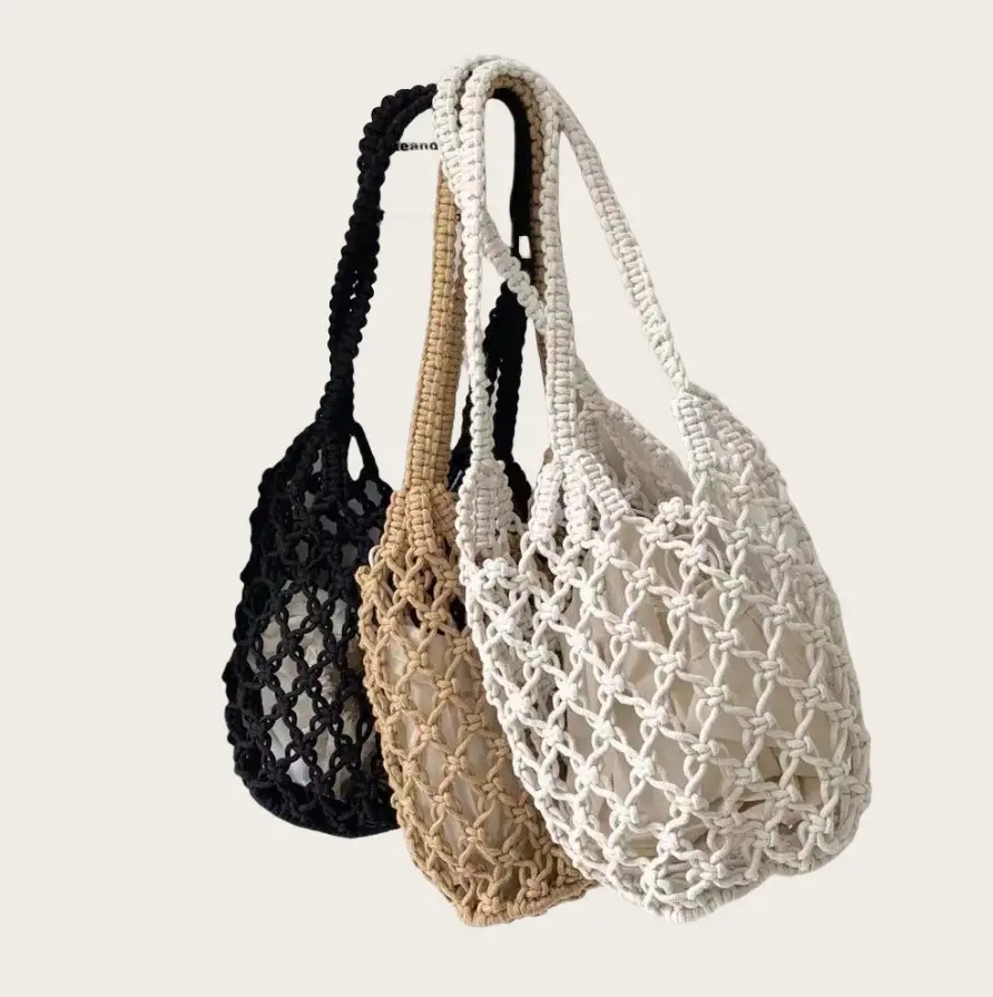 Women's Crochet Fishnet Shoulder Bag Black White - Image 5