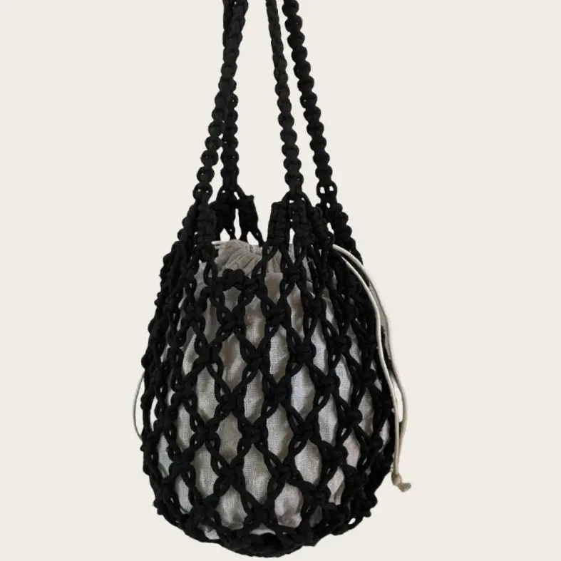 Women's Crochet Fishnet Shoulder Bag Black White - Image 6